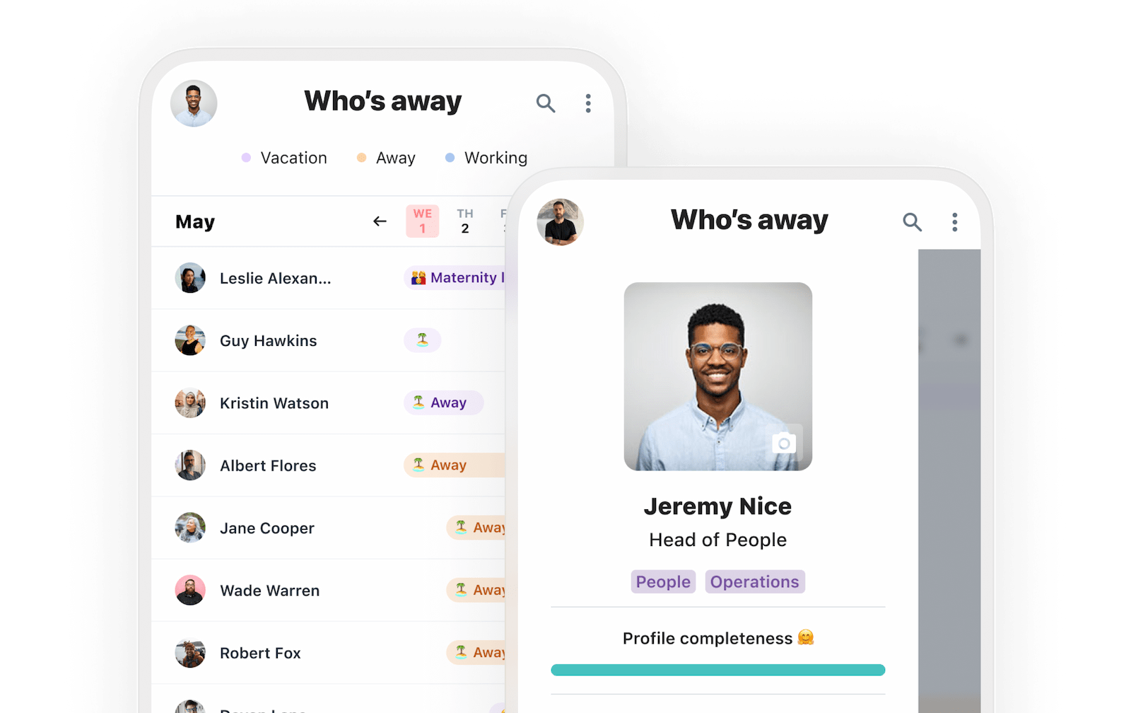 Humaans mobile app showing employee profile and navigation